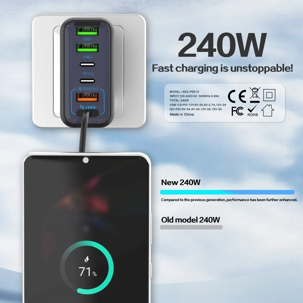 

6 Ports 240W Charger Plug Fast Charging USB A+C Phone Charger Adapter PD QC3.0 EU/US/UK for Huawei/Xiaomi/Samsung