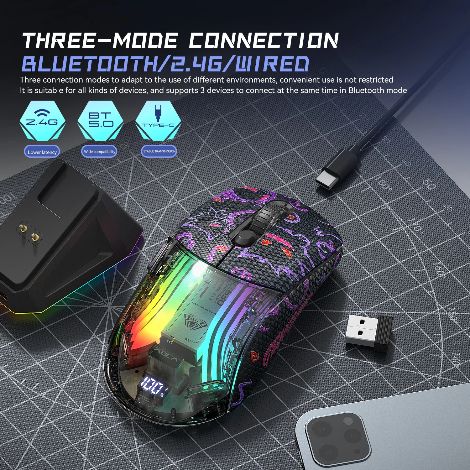 RGB Light Magnetic Rechargeable Wireless Bluetooth Mouse BT+2.4Ghz+Wired Optical Ergonomic Gaming Mouse with Anti-Slip Stickers