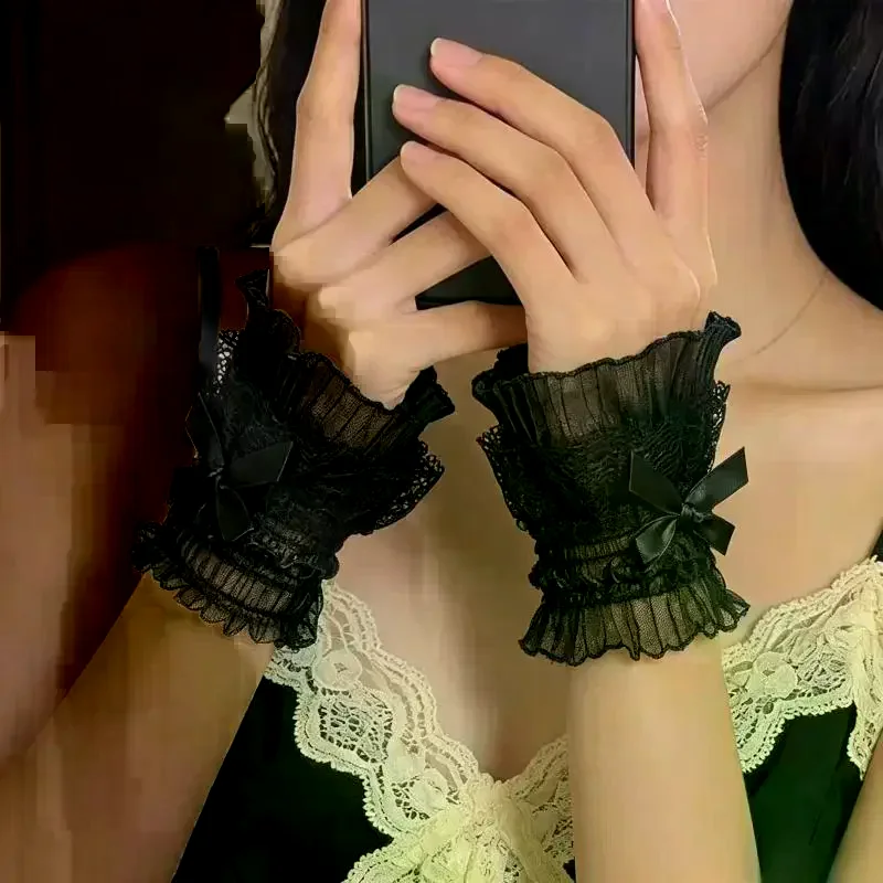 1 Pair Gothic Lolita Hand Wrist Cuffs Bowknot LaceTrim Maid Cosplay Accessories For Women Girl Party