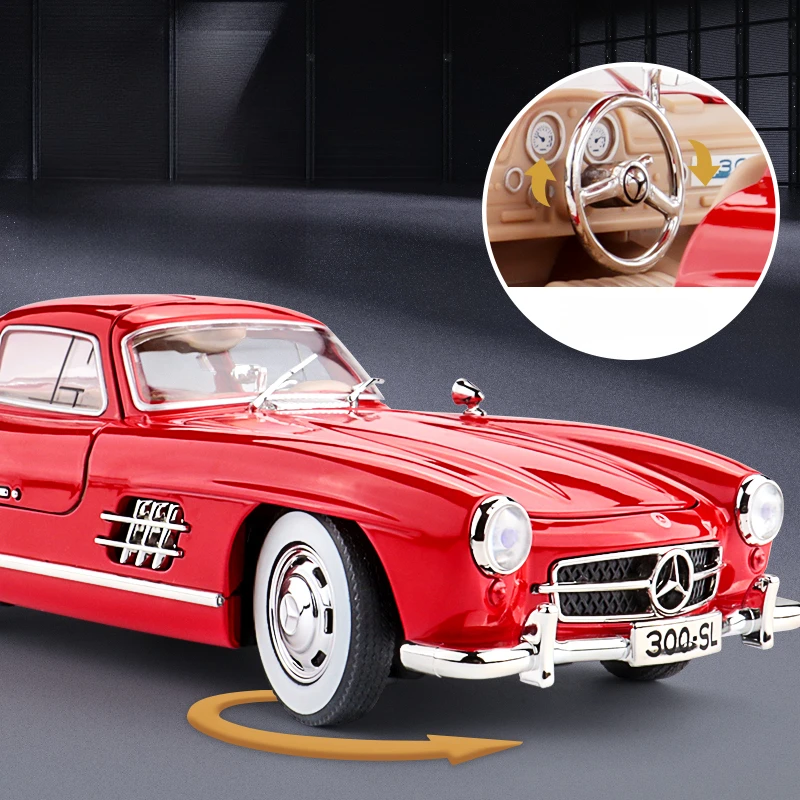 Coche de aleación Vintage Mercedes Benz 300SL 1:24, modelo con sonido y luz, juguete coleccionable para niños, regalo de cumpleaños