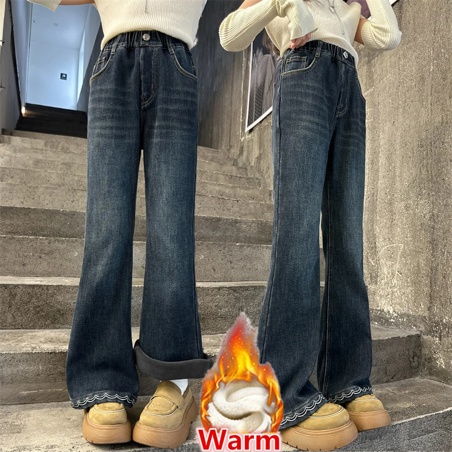 

Slim Fit Children Winter Insulated Flared Jeans for Girls Casual Boot Cut Denim Pants with Fleece Lined Kids Warm Trousers 5-14Y