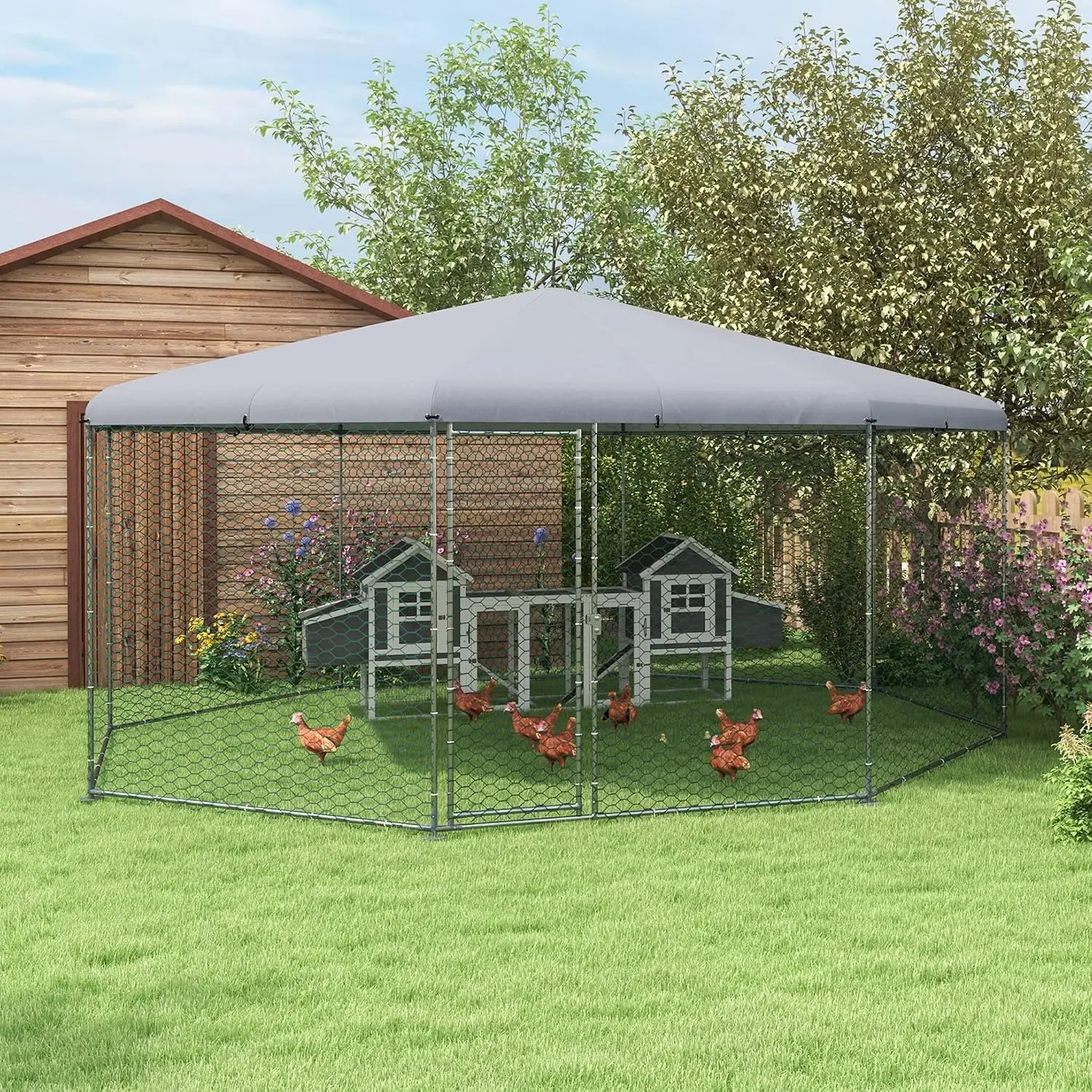Metal Chicken Run with Waterproof and Anti-UV Cover, Hen House for Outdoor and Yard Farm Use, 1