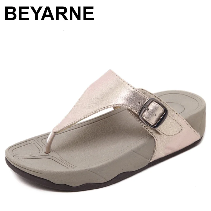 BEYARNE Preppy Style Student Women Slippers Thong T Strap Sandals Thick Bottom Light Sole Platform Wedge Heel Shoes Woman Slides