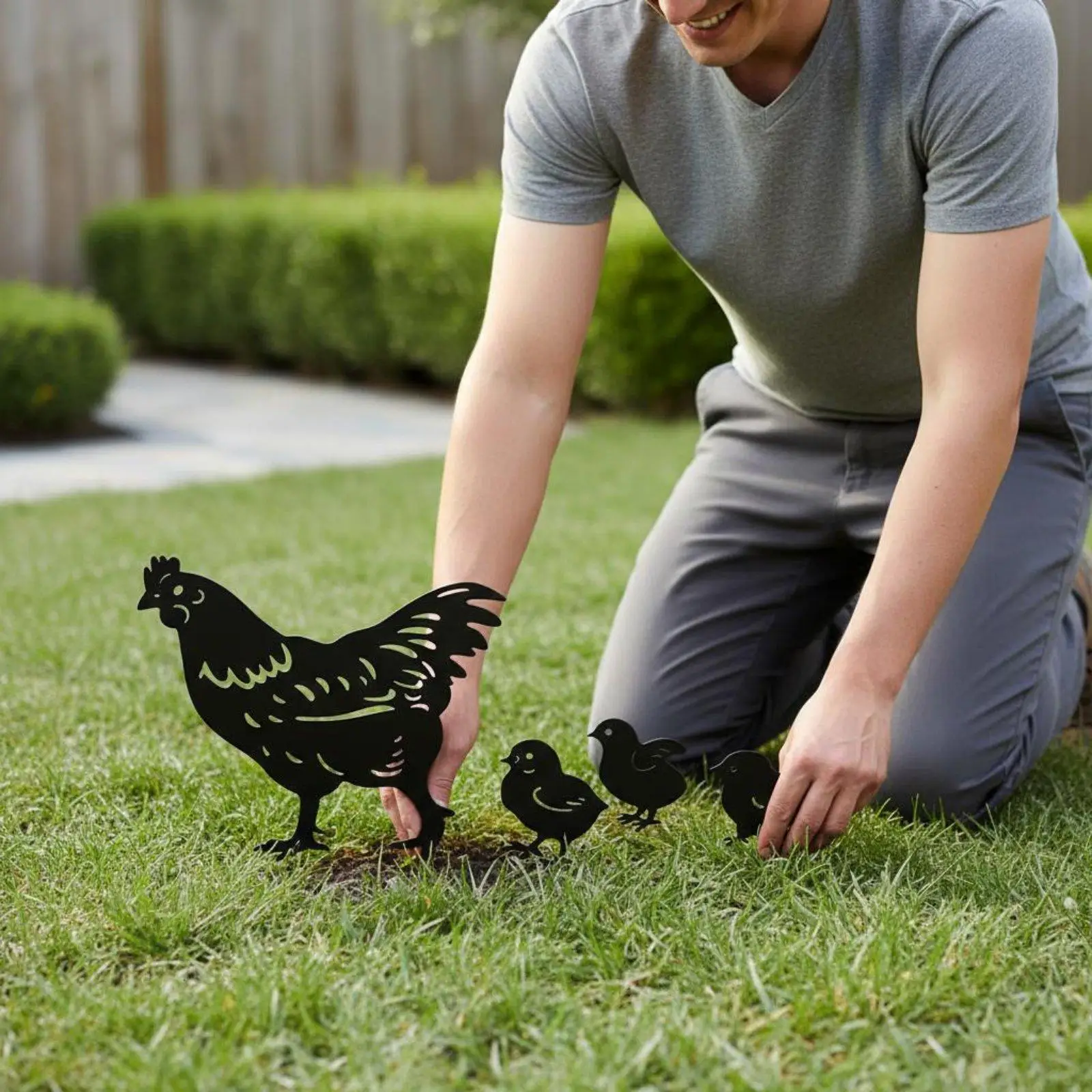 Outdoor Chicken Decoration Set Weatherproof Metal Garden Decor Hen and Chicks Ornament for Yard Flower Bed Enhancement