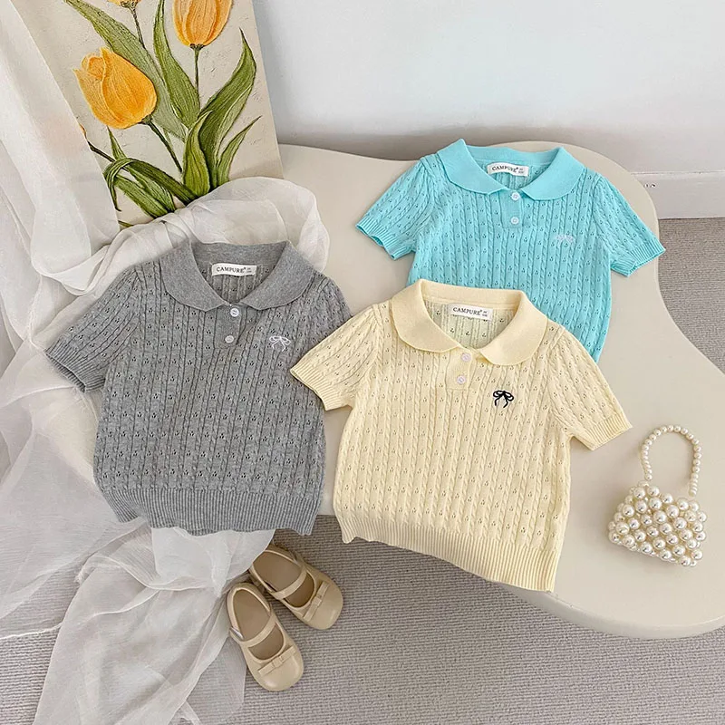 MILANCEL New Summer Kids Polo Shirts 18M-7Y Cute Bow Knit Girls T-shirt Loose Ventilate Children Clothes Hollow-out Boys Tops