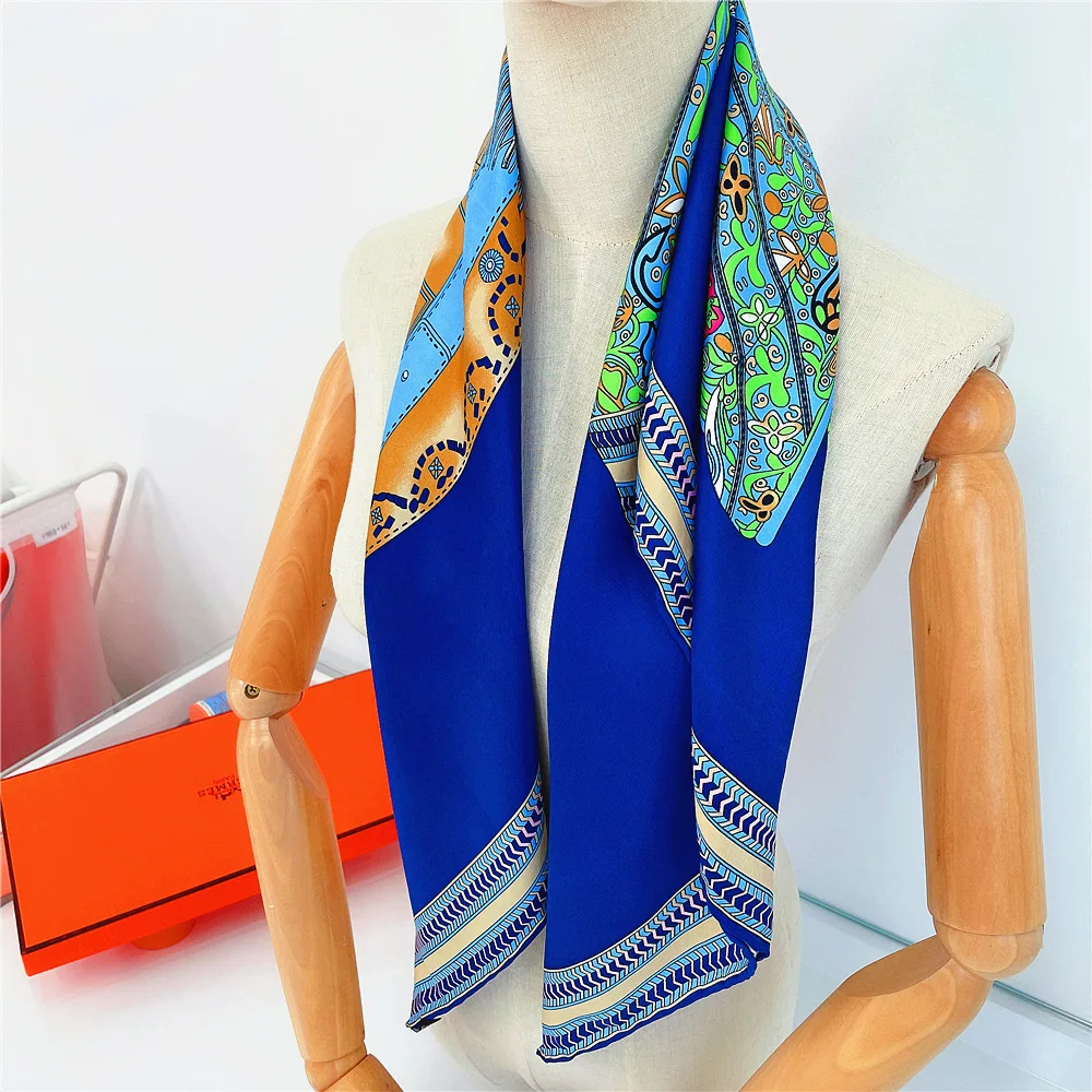 Manual Hand Rolled Twill Silk Scarf Women Saddle Design Square Scarves Echarpes Foulards Femme Wrap Bandana Hijab 90CM