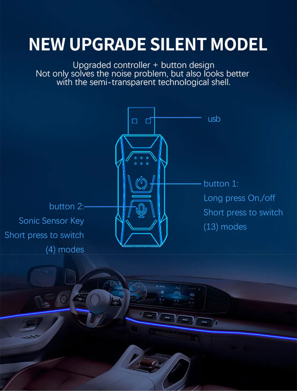 Car RGB LED Ambient Light Strip USB Fiber Optic Atmosphere Car Neon Interior Light Strip Center Console Door Decoration Lamp
