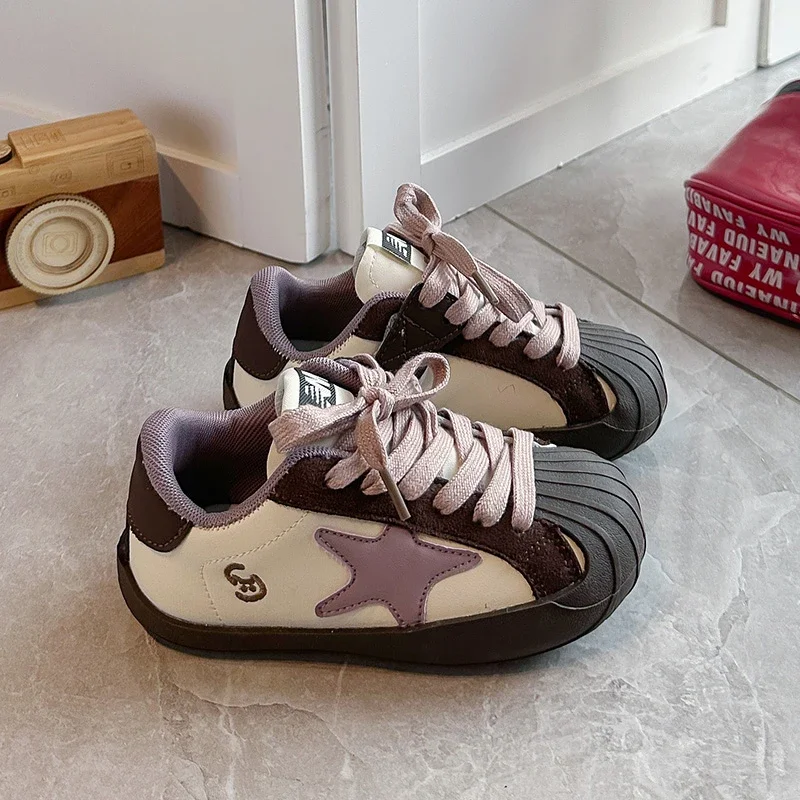Kids Retro Star Patchwork Shell‑Toe Sneakers, Lace‑Up Anti‑Collision Casual Board Shoes for Boys Girls