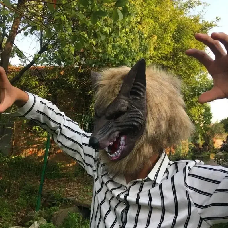 Realistic Latex Werewolf Mask with Hair, Beast Wolf Gloves Costume Set for Halloween Scary Cosplay, Adult Men Women Party Outfit