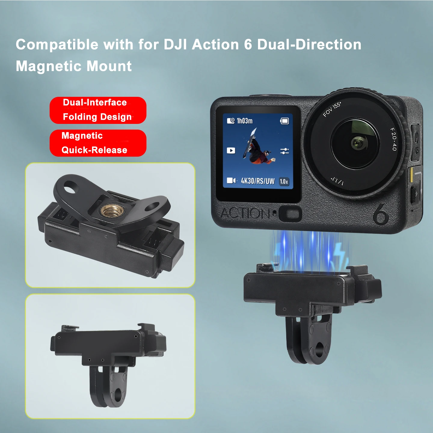

Magnetic Camera Mount for DJI Osmo Action 6 Two-Claw Interface 1/4Inch Screw Quick Release Foldable Extension