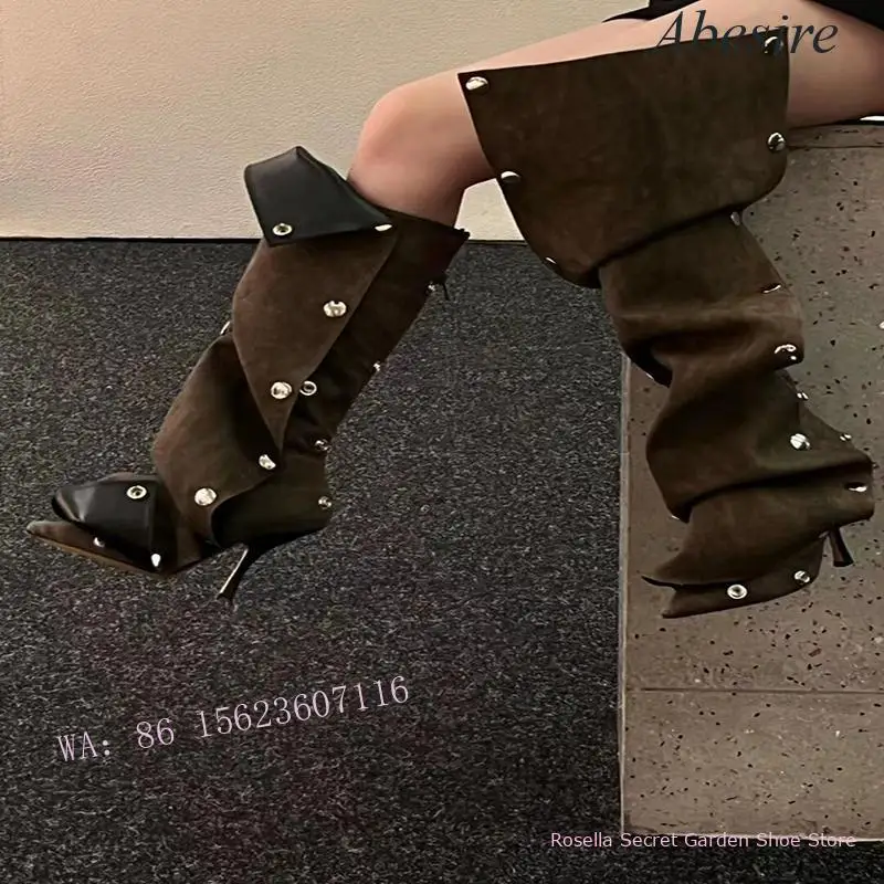 New Style Pointed Toe Stiletto Button Denim Women's Boots, Fashionable Rear Zipper Decoration, Two-Wear Knee-High Fashion Boots