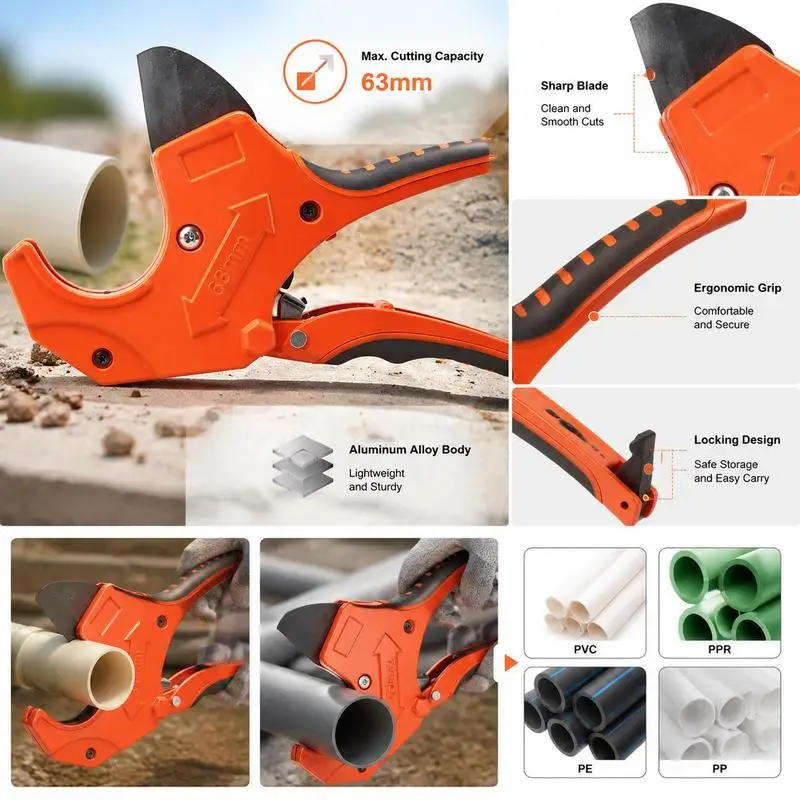Cortador de Tubos con Carraca de 10 cm, Fabricado en Aleación de Aluminio y Hoja de Acero SK5 Recubierta de Teflón, Corte Estable y Preciso para Tubos de PVC, CPVC, PP-R, PEX, PE y Mangueras de