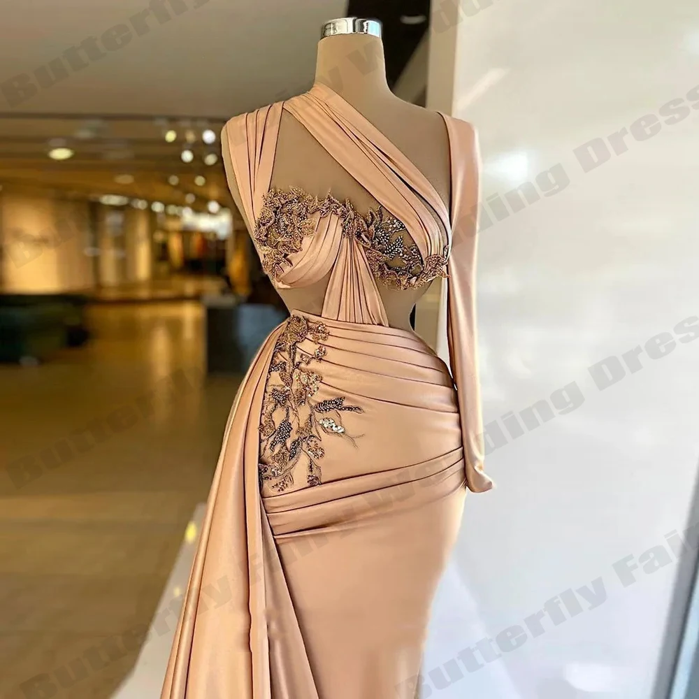 2023 Champagne Merrmaid Formele Avondjurken Een Schouder Plooien 3d Bloemen Galajurken Nieuwe Celebrity Party Robe فساتين الحفلات