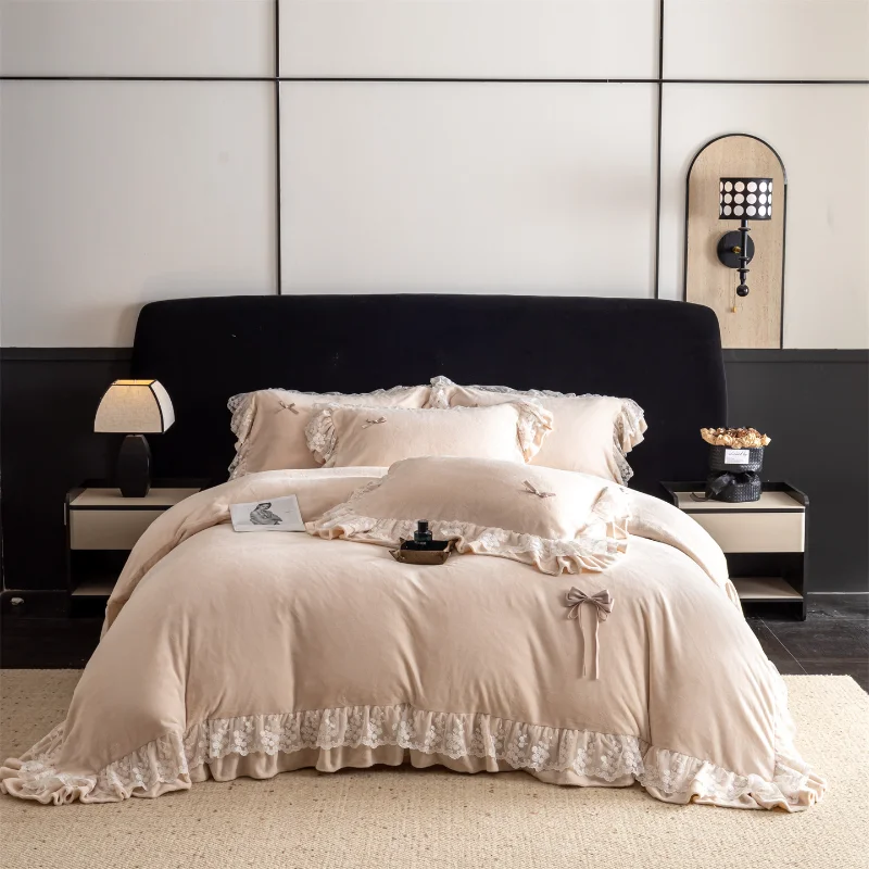 Princess wind thickened milk fleece four-piece set lace lace coral fleece quilt cover winter warm bed cover bedding
