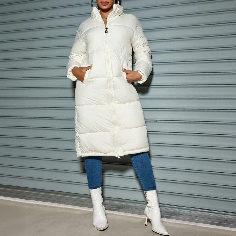 

Women's Autumn Winter Long Coat Casual Simple Solid Color Zipper Stand Collar Long Sleeve Cotton Outerwear