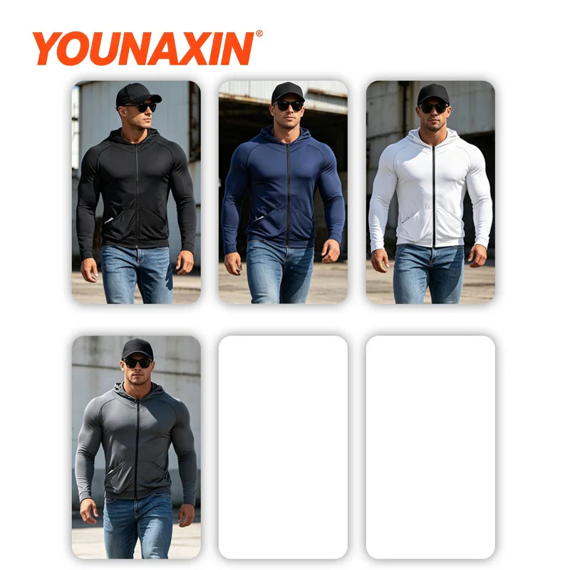 Men’s Tight-Fitting Long-Sleeved Quick-Dry Hooded Jacket Yoga Running Basketball Training Fitness Clothing M-3XL YOUNAXIN