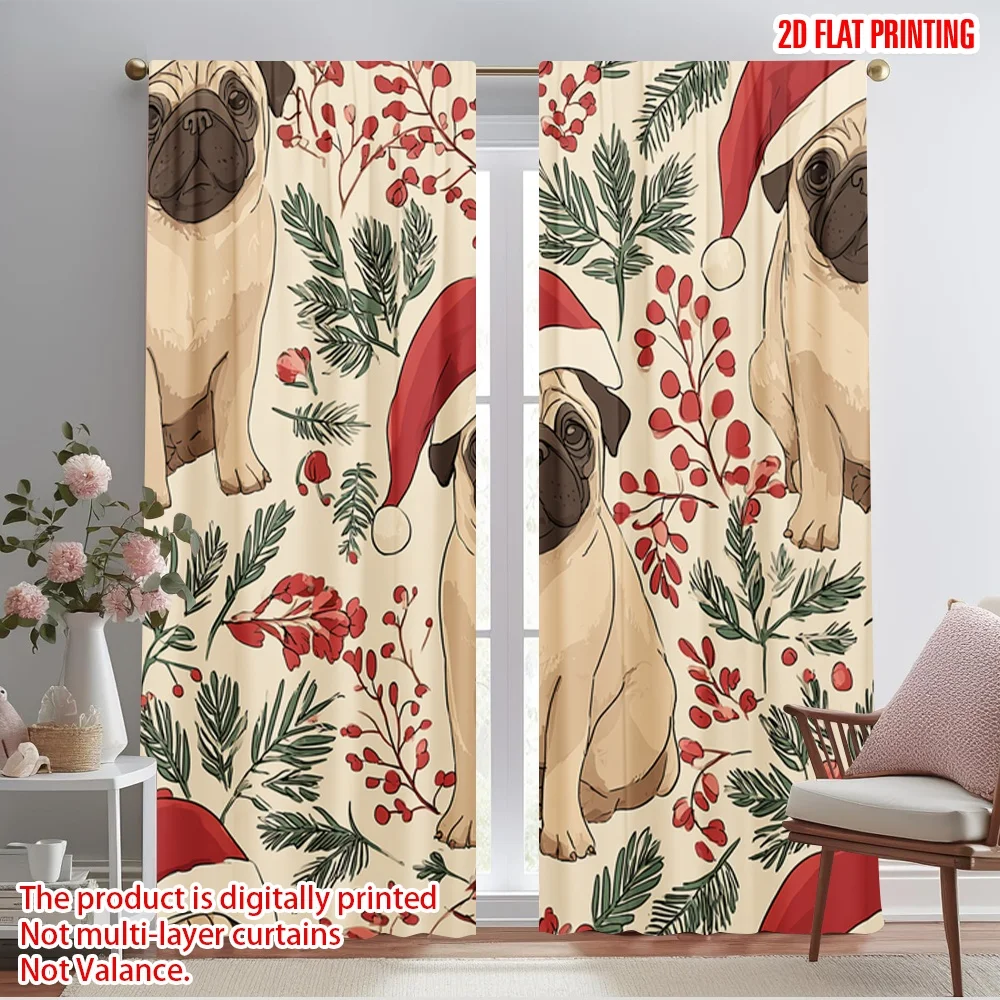 2pcs,2D plane printing Window Curtain Pug Tree Polyester Fabric (without rod) All Seasons Perfect for Living Room & Kitchen