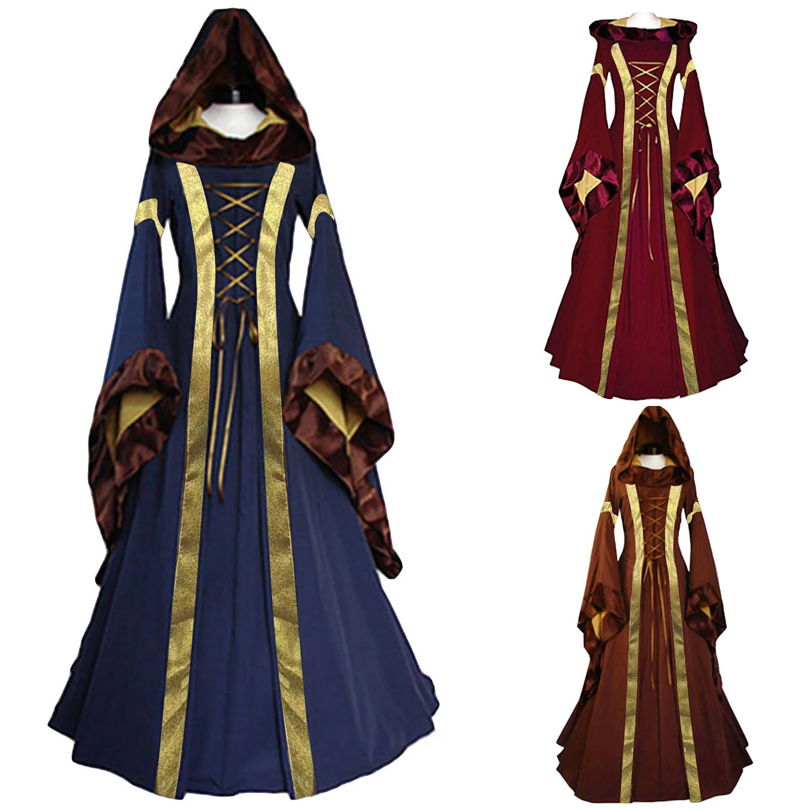 

Medieval long dress Victorian retro hooded dress flared sleeve cosplay performance costume wholesale
