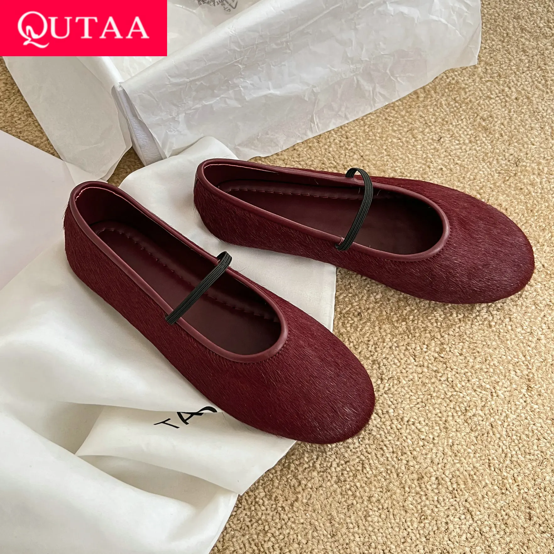 

QUTAA 2025 News Horsehair Women Flats Shoes Fashion Leather Leopard Round Toe Casual Ballet Shoes Heels Dress Party Woman 34-40