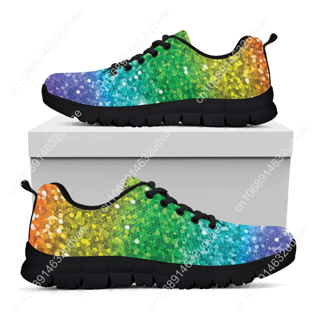 Cool Rainbow Glitter Texture Printed Girls Flat Shoes Breathable Slip-on Mesh Sneakers Outdoor Lace up Scarpe Donna