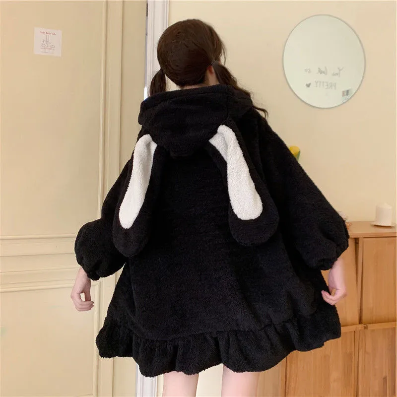 Rabbit Women Winter Long Sleeve Fuzzy Hooded Jacket Harajuku Kawaii Bunny Ears Zip Up Cardigan Coat Plush Warm Ruffles Outwear