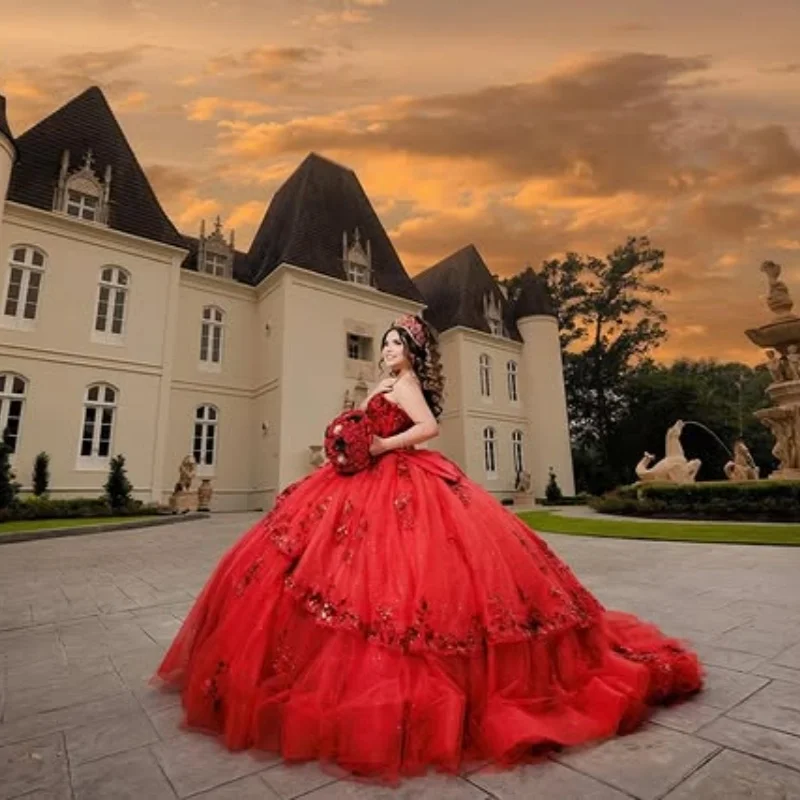 

Customized Shiny Red Quinceanera Dresses Off the Shoulder crystal applique flowerlayering Long tail Bow Vestido 15 Quinceanera