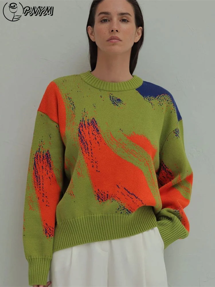 

PNYM Casual Women's Sweater Tie Dyed Printed Contrasting Colors Loose American Vintage O-Neck Pullover Fashion Women's Sweater