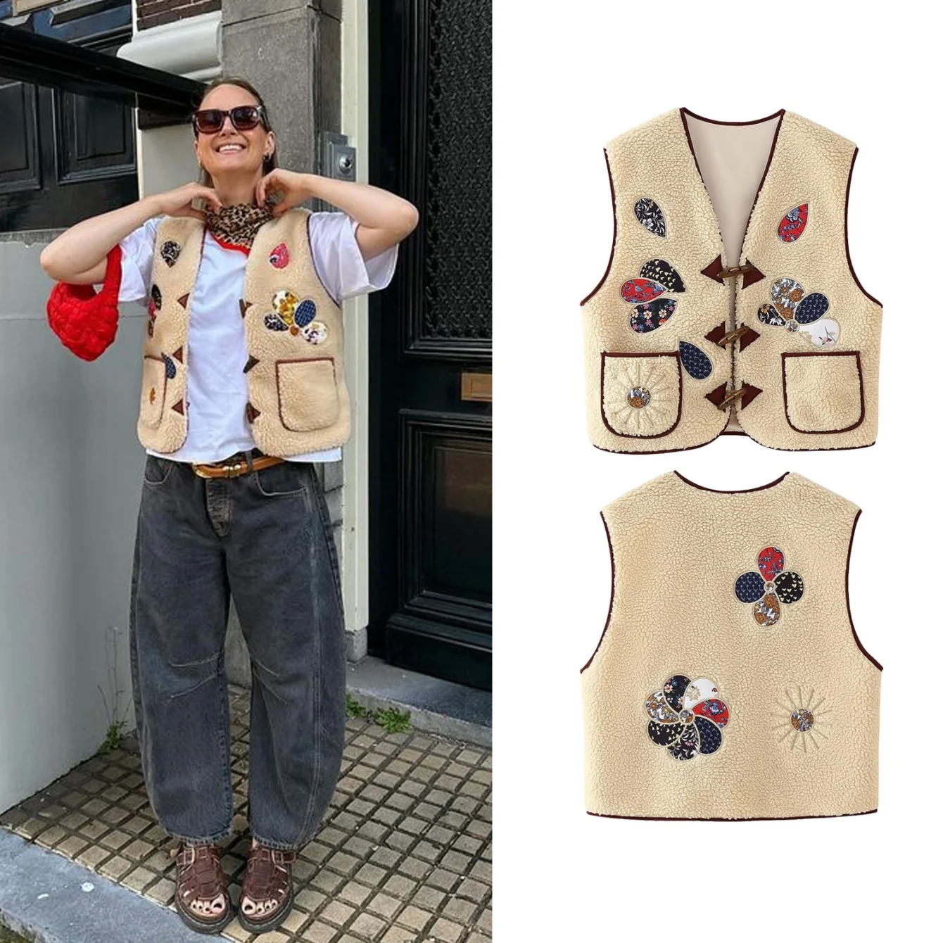 

Women Casual Embroidery Patchwork Vest Coat Female Fashion V-Neck Button Loose Short Vest Autumn Winter Lady Chic Tops Streetwea