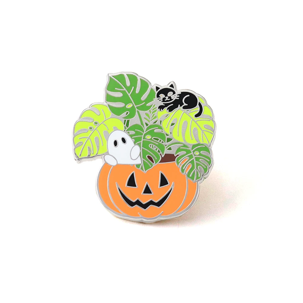 Halloween Pflanzendekor Emaille-Pin Kürbis Jack Gruseliger Monstera Pflanzentopf Brosche Geist Schwarze Katze Abzeichen Geschenk Accessoire – Detail 1