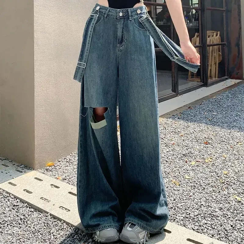 Retro High Waist Wide Leg Denim Trousers Women's Clothing Fashionable Detachable Suspender Spring Autumn Loose Straight Jeans