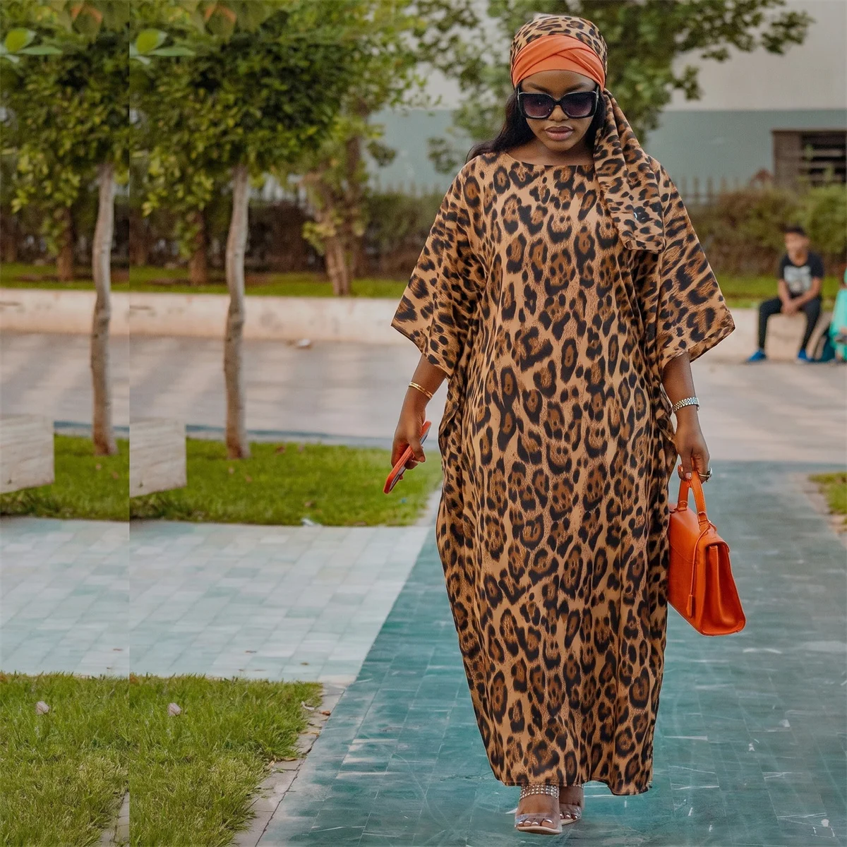 Women Classic Leopard Print 2 Piece Kaftan Set Satin Loose Maxi Dress Matching Skirt Muslim Abaya African Evening Outfit