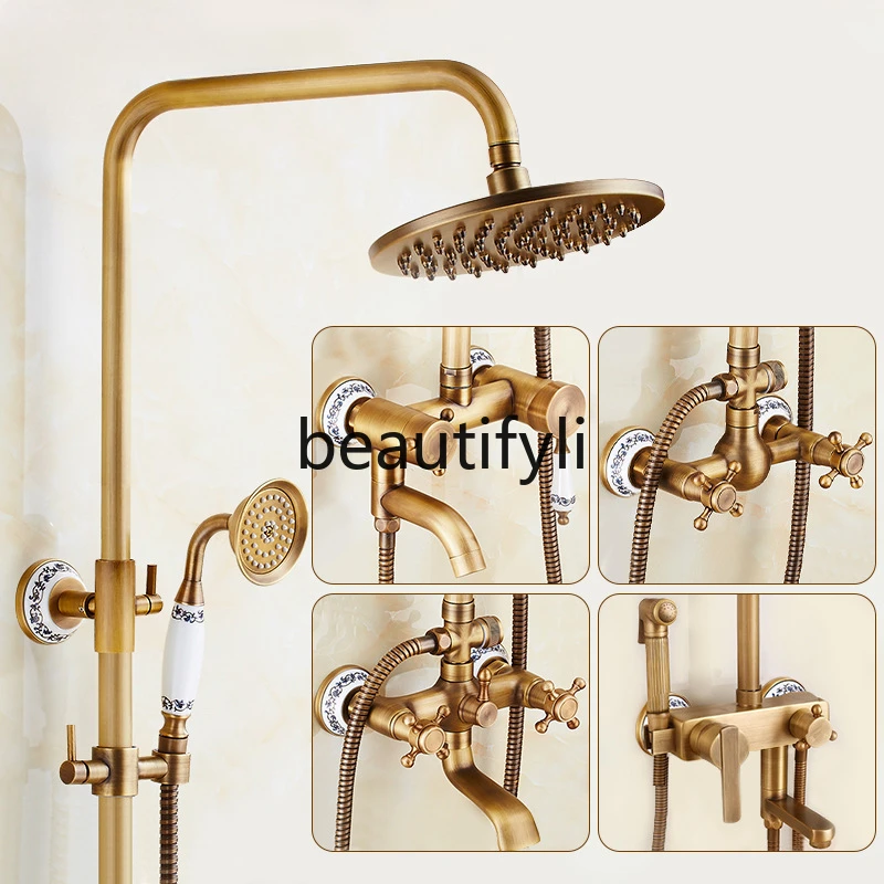 Antique all-copper bronze porcelain shower shower set bathroom pressurized rain shower head hot and cold mixing valve faucet