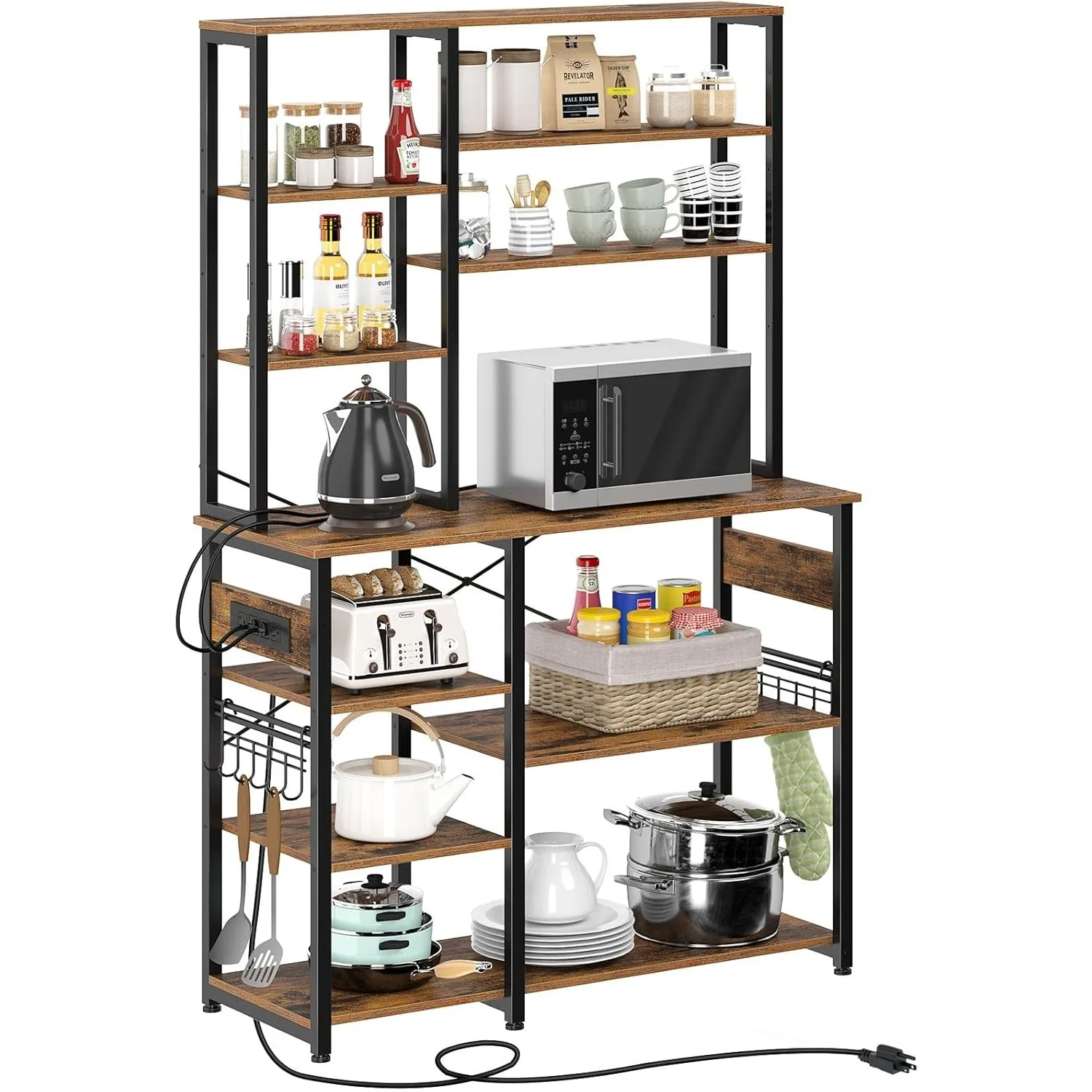 Baker's Rack, 60.9inch 10-Tier Kitchen Utility Storage Shelf with 15 Hooks, Large Kitchen Rack with Power Outlet, Oven Stand