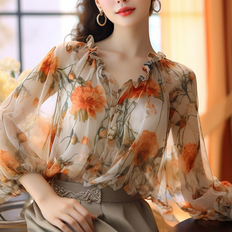 Chiffon Women's Shirt Spring/Summer Vintage Prints Blouses Loose Ruffles Women Tops V-necks Fashion Clothing