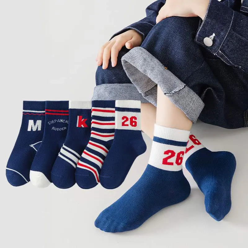 5Pair Thick Cotton Children Mid Tube Socks Odor Resistant Boys Sport Sock Fashion Letter Kids Socks Spring Autumn Baby Footwear