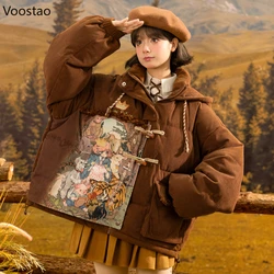 Winter Sweet Lolita Style Warm Cotton Padded Coat Women Vintage Cartoon Oil Painting Corduroy Loose Parkas Jacket Hooded Outwear