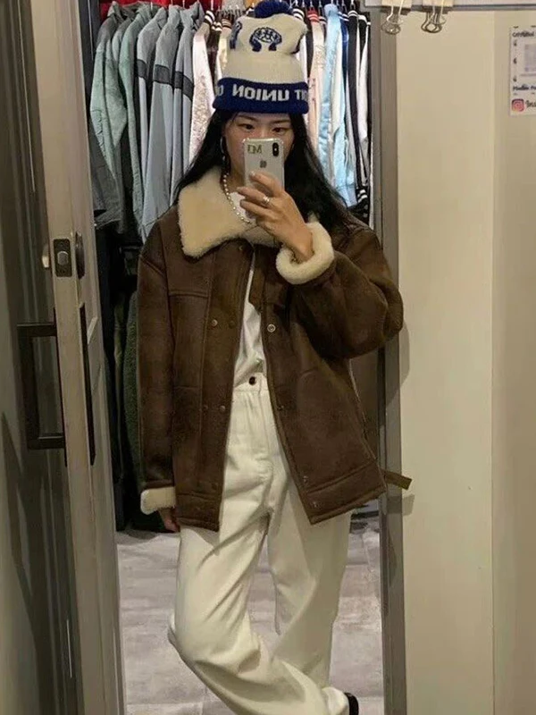 

Modesood Young Sle Свободный шерстяной воротник Jaet Fem Меховая верхняя одежда Зимний длинный воротник све для поездок на работу Faion Thiened