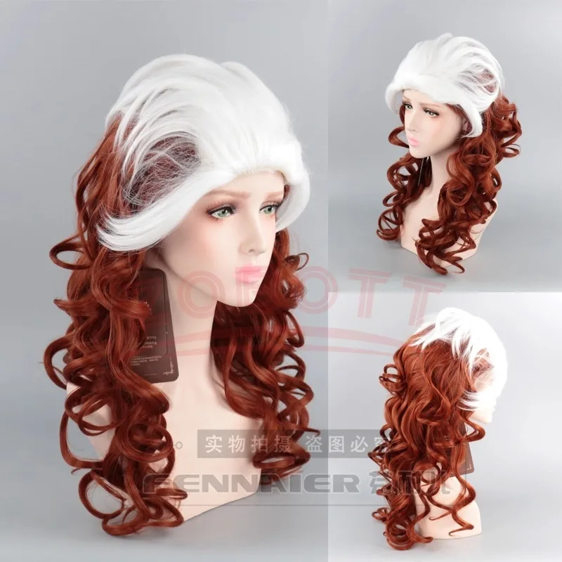 Anime X-Men Anna Marie Rogue Cosplay Wig X Men Rogue Anna Marie 60cm Red Long Curly Wavy Brown Mixed White Wigs