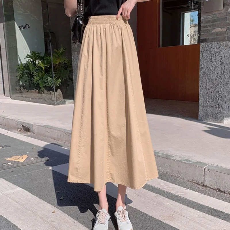 Casual Commuter Versatile Fashion Women's Clothing Folds Simplicity Solid Color Temperament High Waist A-line Mid Length Skirt