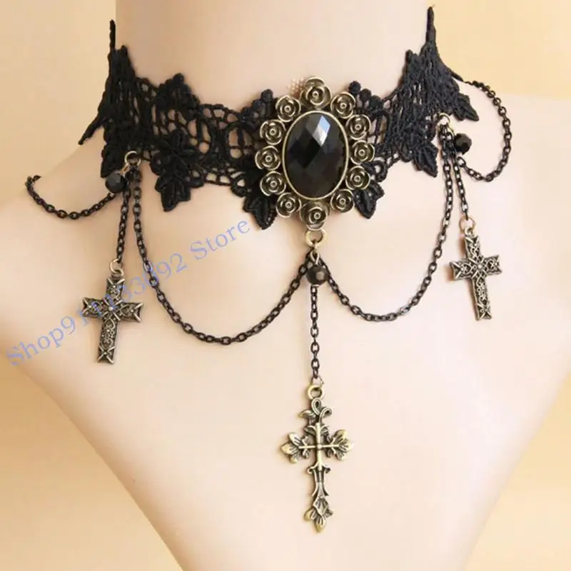 H9ed Retro Black Lace القوطية البيان القوطية قلادة قلادة قلادة #3