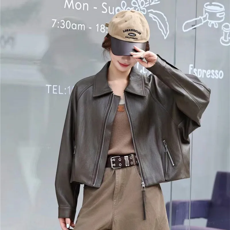 Korean Solid Color Short Faux PU Leather Coat Women Casual Turndown Collar Long Sleeve Imitation Leather Biker Jacket Streetwear