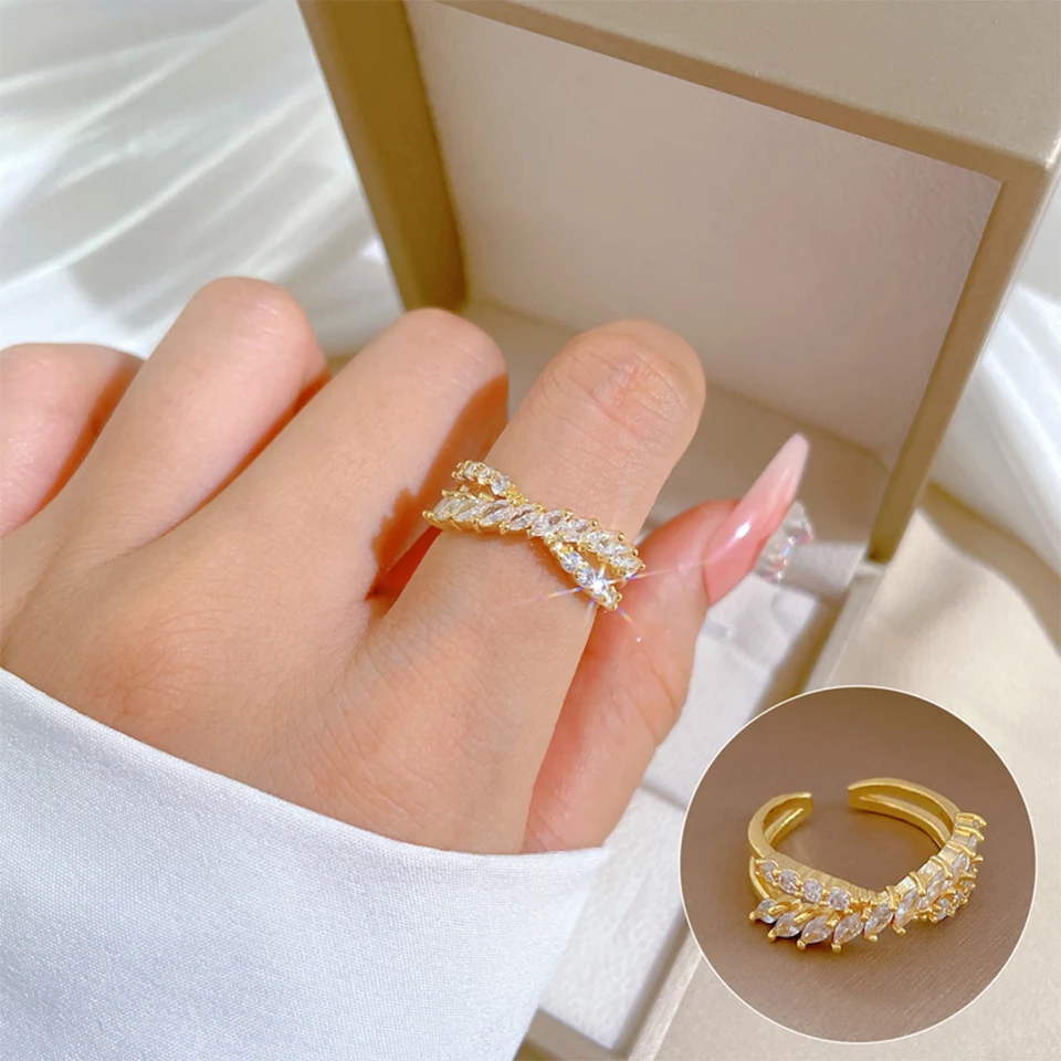 ZAKOL Elegant Baguette Zircon X Shape Open Rings for Women Shiny Crystal Engagement Wedding Ring Jewelry