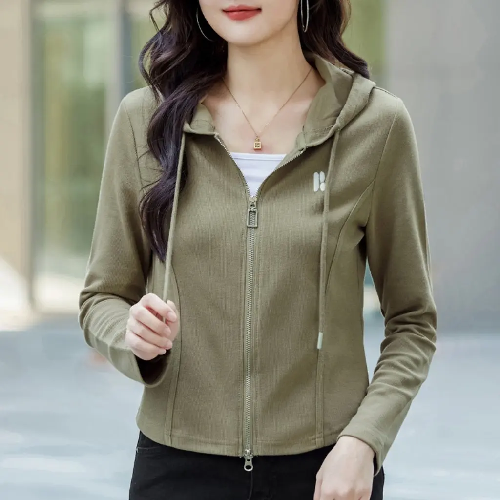 

Women's Long Sleeve Hooded Cardigan Knitted Embroidered Double Zip Jacket Casual Sports All-match Top from Japanese Korean