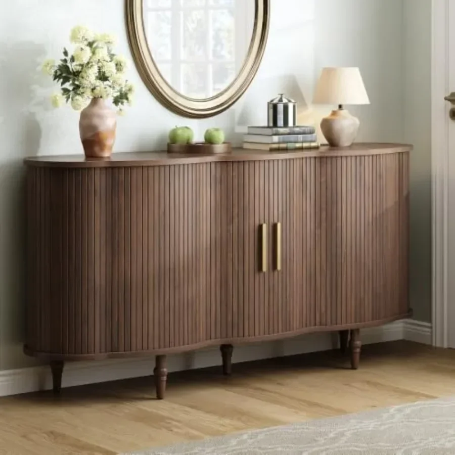 63 Fluted Sideboard Buffet Cabinet with Storage for Dining Room, Walnut Wood, Warm Brown, Elegant Vertical Grooves and Ample Co