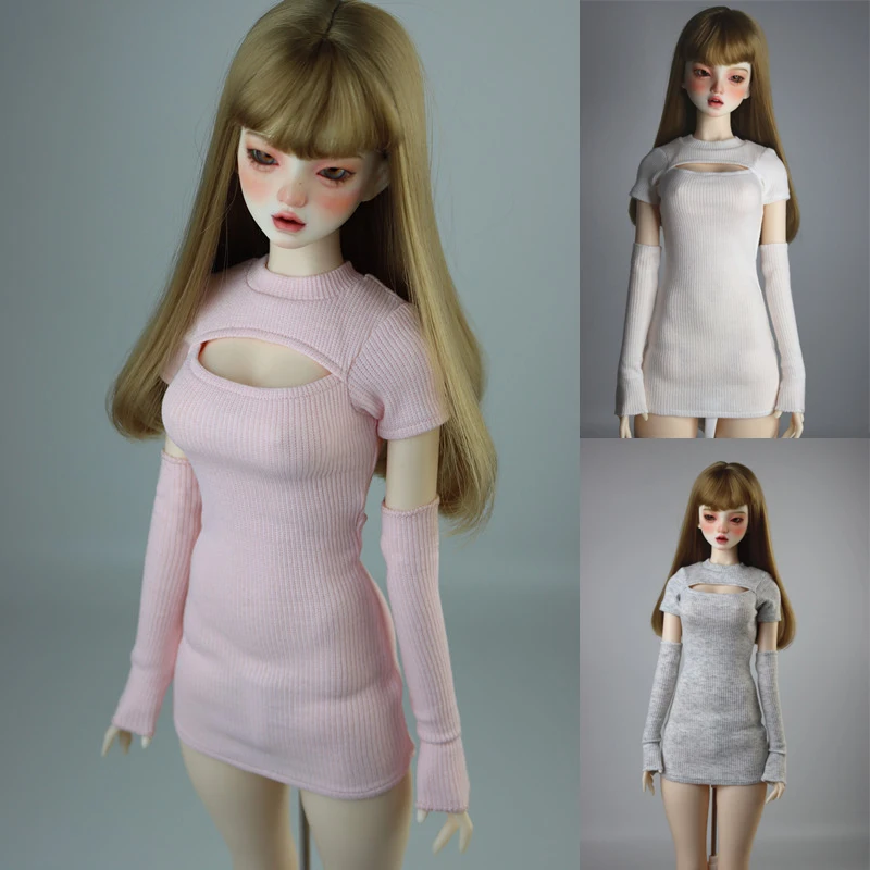 

D04-B122 children handmade toy 1/3 girl BJD Doll clothes white pink Slim fitting knitted skirt Arm sleeve set