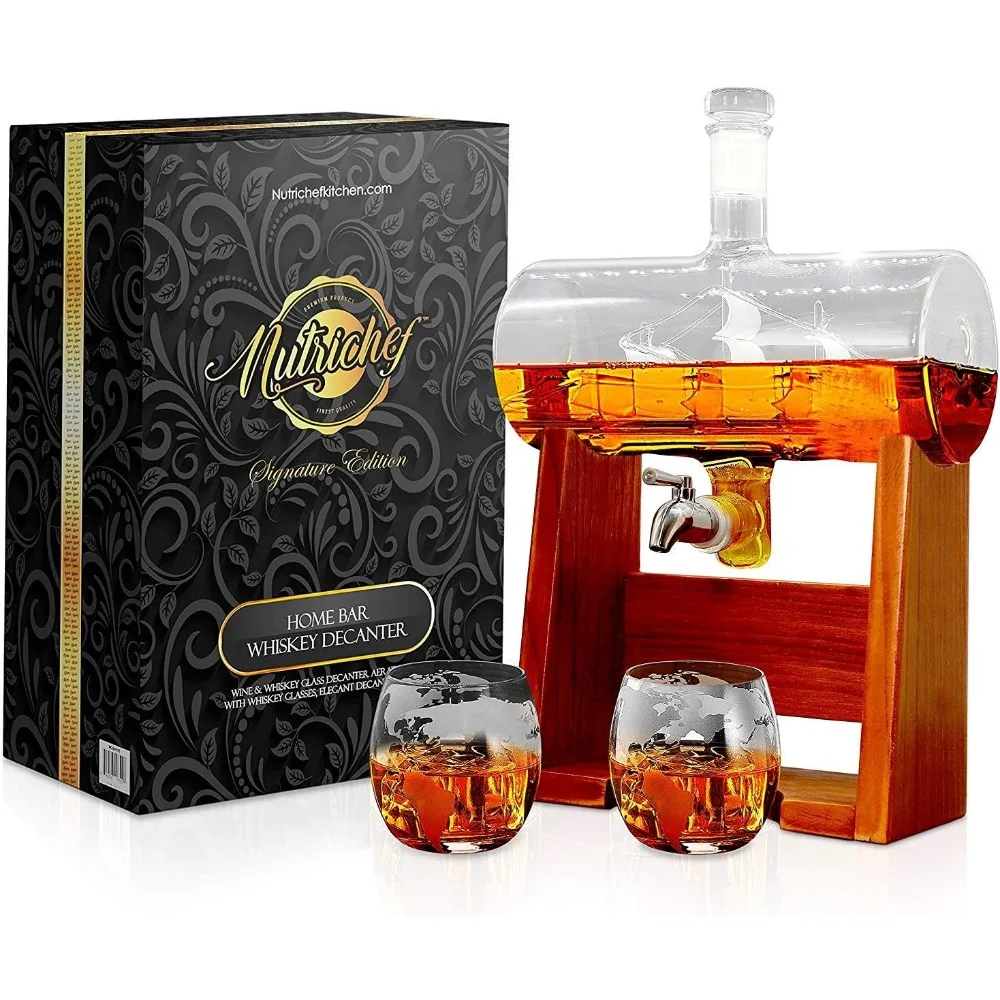 

Whiskey Decanter with Glasses -1100ml Barrel Whiskey Alcohol Decanter Set, W/ Spigot, Stopper & Base, Valentine's Day Gift