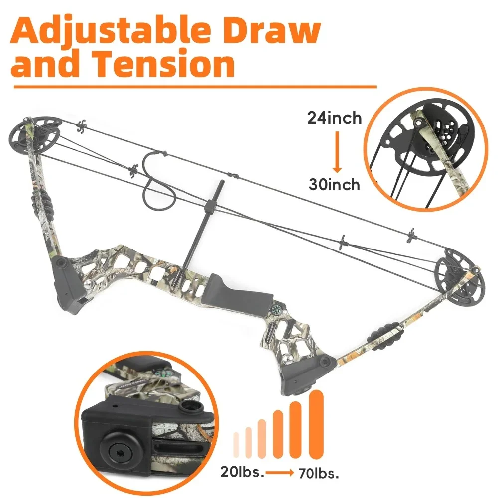 20‑70lbs Pulley Bow Adjustable Archery Compound Bow 320FPS Let‑off 80% for Left/Right Hand Design Outdoor Hunting Shooting Targeting