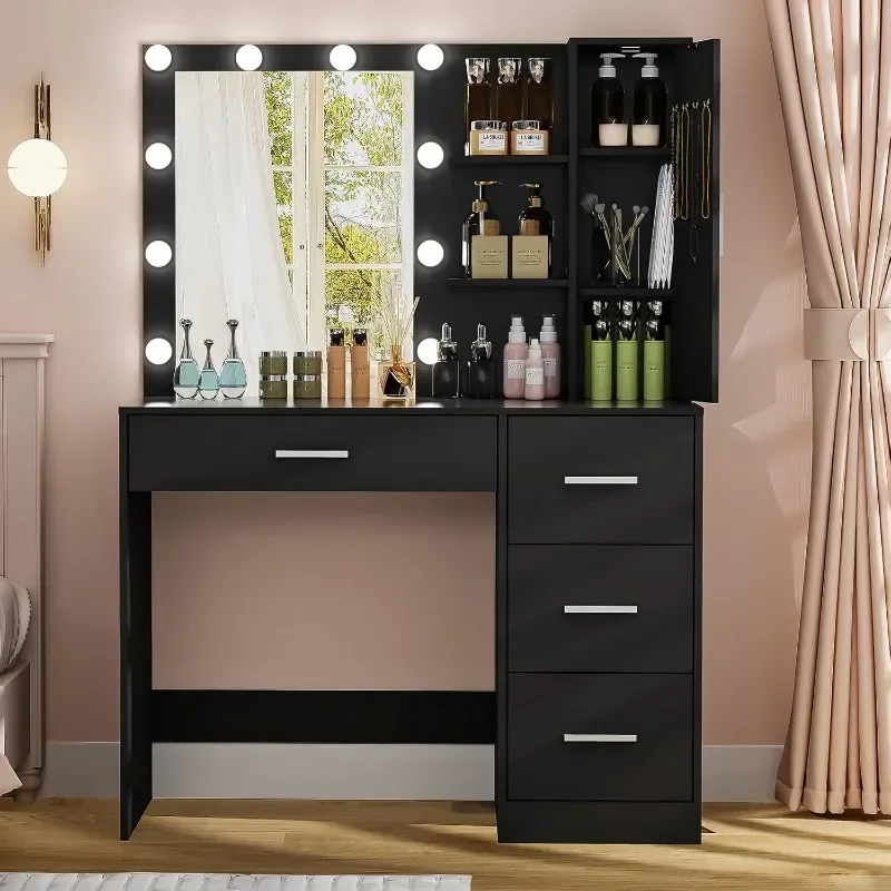 Usikey Makeup Vanity with Lights, Vanity Desk with Mirror and 10 LED Lights, Vanity Table Set with 4 Drawers, Cabinet