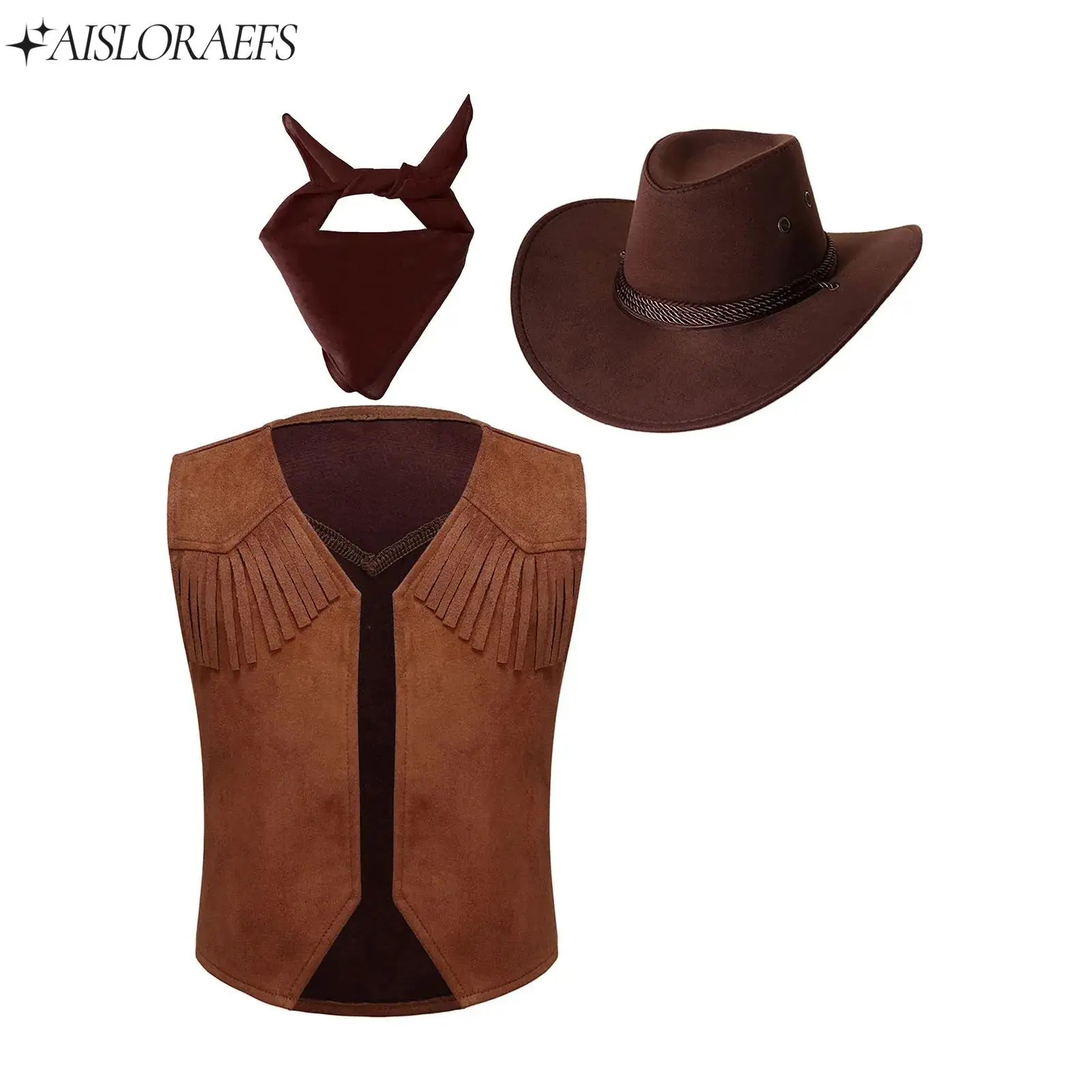 

Brown 3Pcs Cowboy Cowgirl Cosplay Costume Vest+Paisley Bandanna+Cowboy Hat Set Halloween Carnival Dress Up Performance Clothes