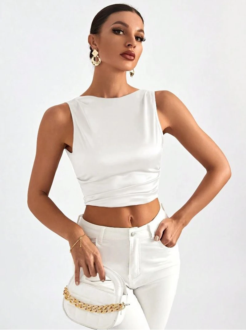 Summer European and American style women's clothing solid color fashion sexy backless casual texture sleeveless knotted top for